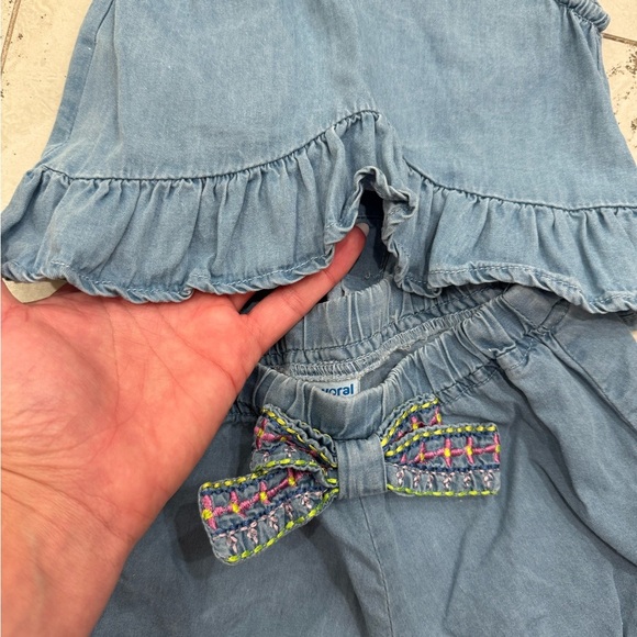 Mayoral Chambray Denim Bubble Summer Play Set Embroidered Bow Sleeveless Top - Picture 4 of 7